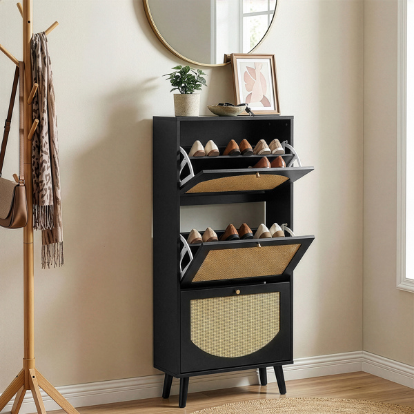 藤面3翻斗 鞋柜 刨花板 54*24*135 cm  黑色-1