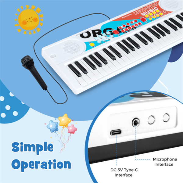 49键儿童电子键盘，带麦克风，8种音调和节奏，适合3岁儿童的教育音乐玩具-白色-8