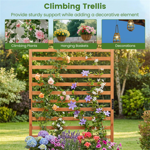 冷杉木高架花园床，带格栅，91.44×35.56×149.86厘米橙色花盆箱，带排水衬里，可容纳88磅攀爬植物-6