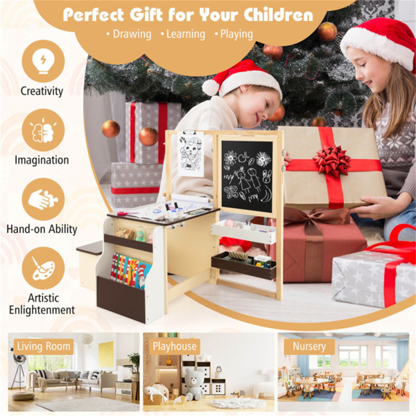 儿童多功能艺术中心，带双面架，3年以上木制艺术桌椅，棕色-10