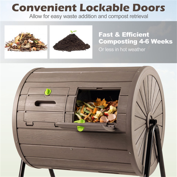 咖啡色双室堆肥滚筒37.5Gal 360°旋转堆肥箱，带搅拌叶片，用于花园-6