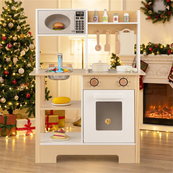 儿童木制游戏厨房，配有13个配件，3人以上带黑板的假装烹饪套装，白色+自然色-11
