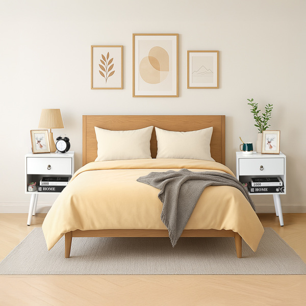 白色 P2刨花板+实木腿 贴麻面三胺 拉环拉手 38*30*55cm 一抽带下隔层 床头柜 1PC-8