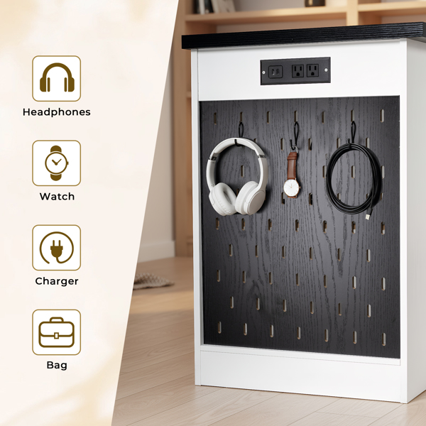 55英寸现代凹槽办公桌，带储物柜和抽屉，电脑书桌，带电源插座、挂板、内置搁板和键盘托盘，适用于书房、客厅、家庭办公室，白色-12