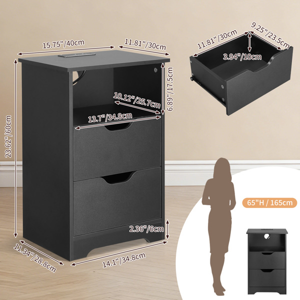 黑色 P2刨花板 贴麻面三胺 无拉手 40*30*60cm 两抽带上隔层 床头柜 带欧规电源 1PC-23