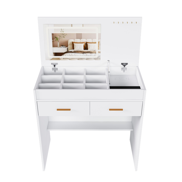 翻盖式梳妆台，带LED照明镜子和内置电源插座 - 化妆桌，配有两个抽屉、开放式储物空间和首饰挂钩（不含凳子，白色）不支持self-pick up且不支持指定仓库发货-13