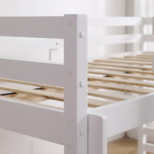 白色 油漆面 松木+胶合板 头尾横撑护栏 Twin 儿童木床 直梯 可拆分成单层床 双层床-11