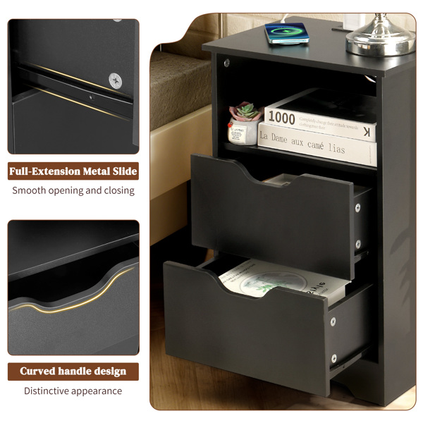 黑色 P2刨花板 贴麻面三胺 无拉手 40*30*60cm 两抽带上隔层 床头柜 带欧规电源 1PC-6