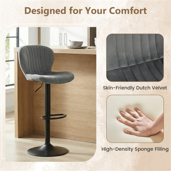 2件套可调高度酒吧凳，带360°旋转，荷兰天鹅绒软垫酒吧椅，适用于厨房岛-灰色-9