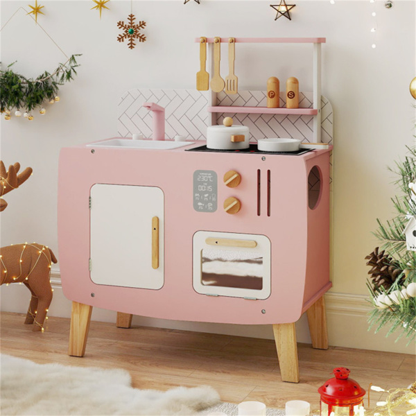 木制儿童厨房玩具套装，配有厨具配件、储物柜和幼儿挂钩-3