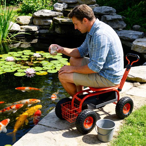 花园推车滚轮滑板车，可调节高度重型滑板车，带4轮可伸缩手柄的滚轮花园推车，带360度座椅和工具托盘的花园凳推车（红色）--不支持self pick up且不支持指定仓发货-15