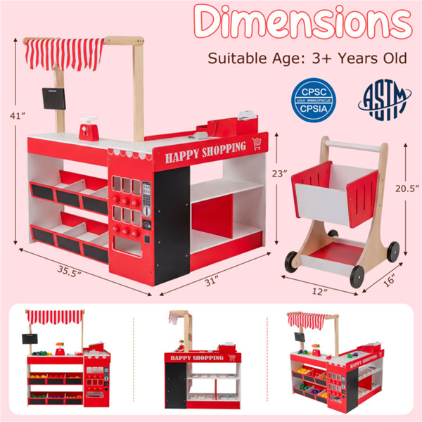 红色木制儿童超市玩具套装，带自动售货机，90.17×78.74×104.14cm杂货店玩具，带购物车，3人+-7