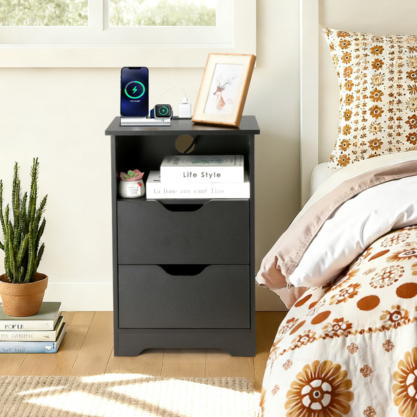 黑色 P2刨花板 贴麻面三胺 无拉手 40*30*60cm 两抽带上隔层 床头柜 带欧规电源 1PC-16