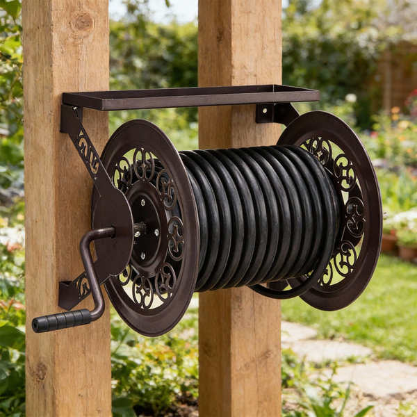 173FT  75*45*44CM 壁挂式水管卷盘 棕色 铁 复古花纹-10