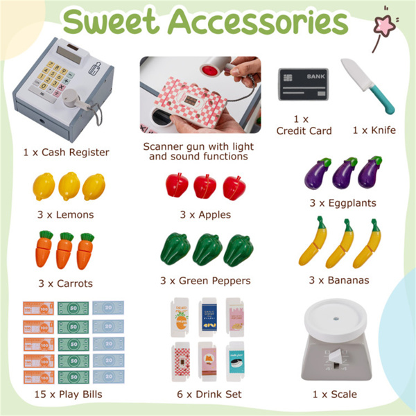 自然色木制儿童超市玩具套装，带自动售货机，90.17×78.74×104.14cm杂货店玩具，带购物车，3人+-8