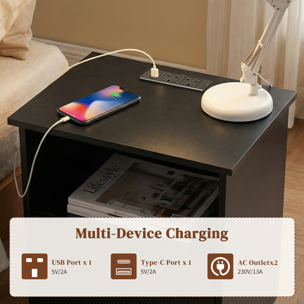 黑色 P2刨花板 贴麻面三胺 无拉手 40*30*60cm 两抽带上隔层 床头柜 带欧规电源 1PC-4