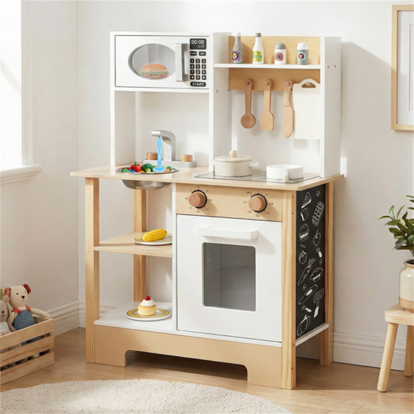 儿童木制游戏厨房，配有13个配件，3人以上带黑板的假装烹饪套装，白色+自然色-4