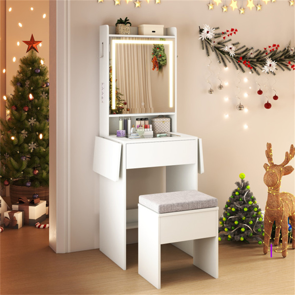 多功能梳妆台，带吹风机架，储物凳化妆台，适合家庭美容组织者-白色-11