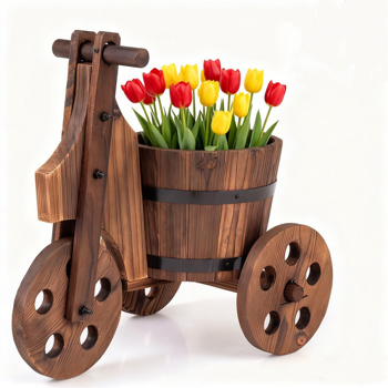木制花园床农舍式木制植物推车，金属带加固庭院装饰花盆