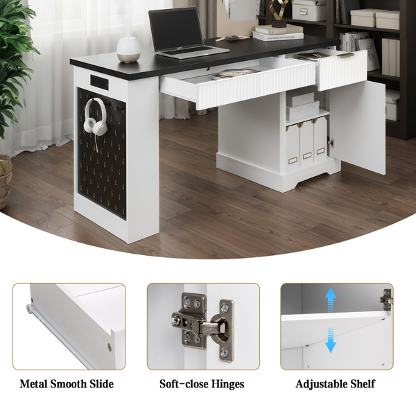 55英寸现代凹槽办公桌，带储物柜和抽屉，电脑书桌，带电源插座、挂板、内置搁板和键盘托盘，适用于书房、客厅、家庭办公室，白色-8