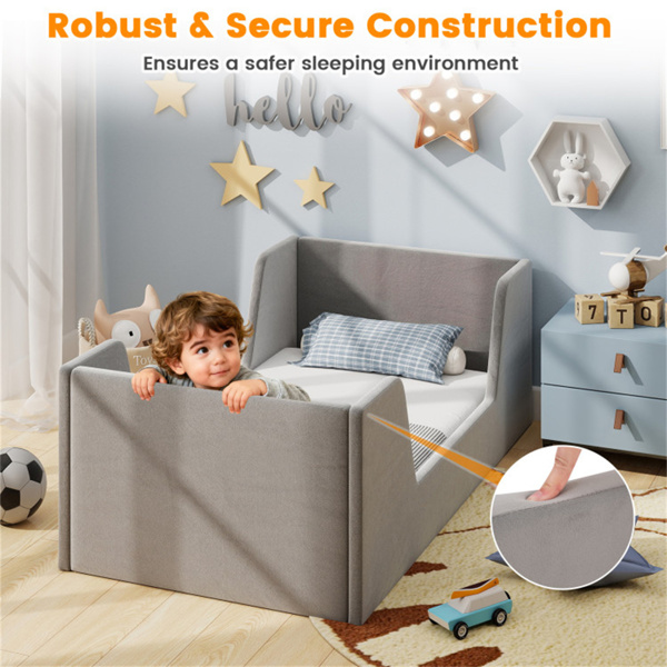 灰色软垫幼儿床天鹅绒木制板条框架，适合儿童，无床垫-9