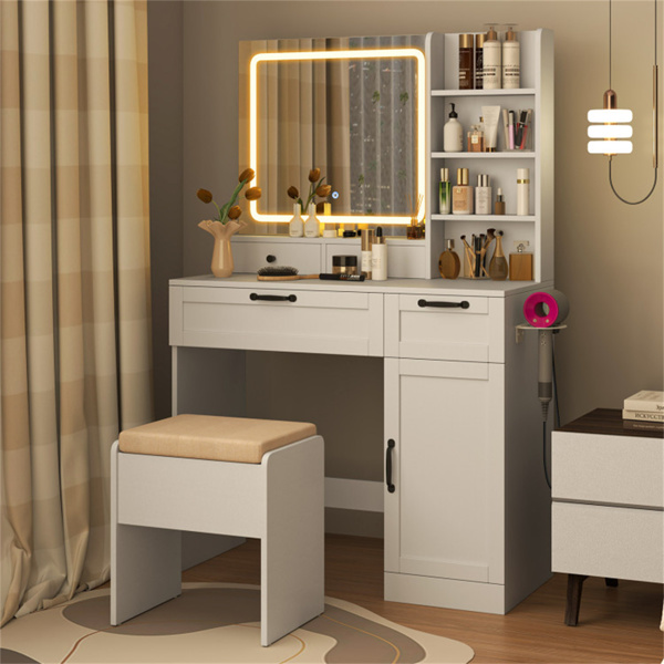 多功能梳妆台，带吹风机架，储物凳化妆台，适合家庭美容组织者-7