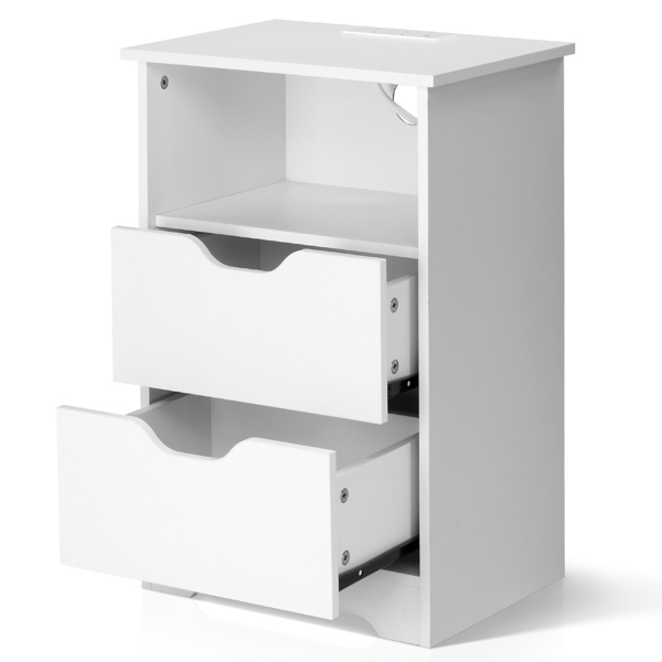 白色 P2刨花板 贴麻面三胺 无拉手 40*30*60cm 两抽带上隔层 床头柜 带欧规电源 1PC-33