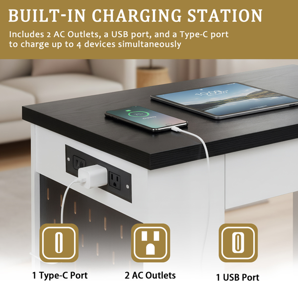 55英寸现代凹槽办公桌，带储物柜和抽屉，电脑书桌，带电源插座、挂板、内置搁板和键盘托盘，适用于书房、客厅、家庭办公室，白色-13