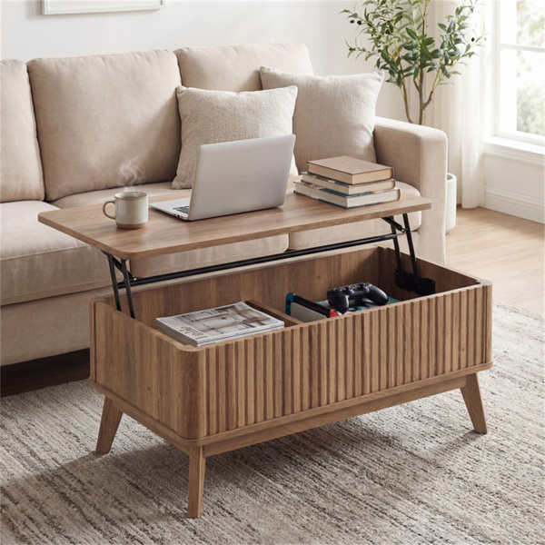 带凹槽设计的胡桃木升降式咖啡桌，90.17×50.80×41.91cm橡胶木腿桌，带2个隐藏式储物空间，容量220LBS-2