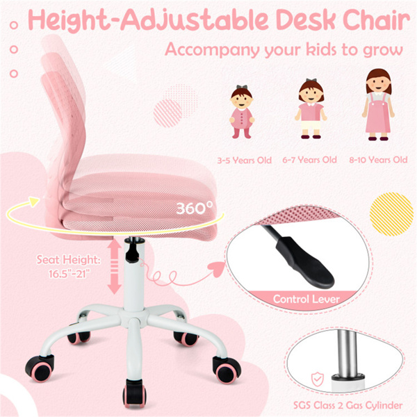 符合人体工程学的儿童办公椅，16.5英寸-21英寸高度可调网眼学习椅 浅粉色-6