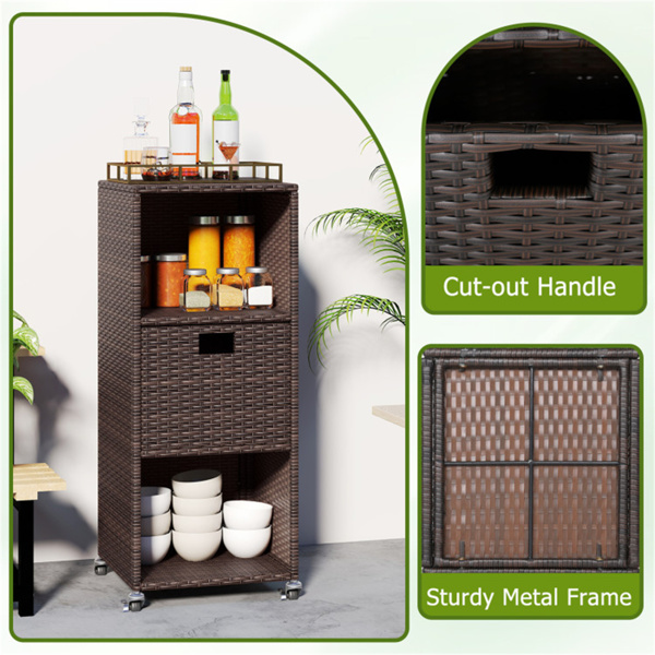 混合棕色PE藤条户外储物柜，3架，带可拆卸抽屉和可锁轮子-8