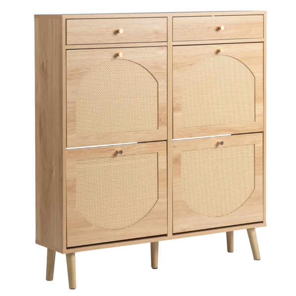 藤面2抽4翻斗 鞋柜 刨花板 105*24*110cm 原木色-2