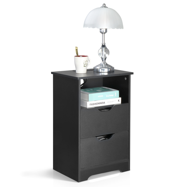 黑色 P2刨花板 贴麻面三胺 无拉手 40*30*60cm 两抽带上隔层 床头柜 带欧规电源 1PC-21