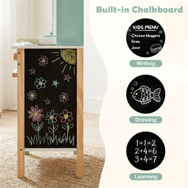 儿童木制游戏厨房，配有13个配件，3人以上带黑板的假装烹饪套装，绿色+白色-6