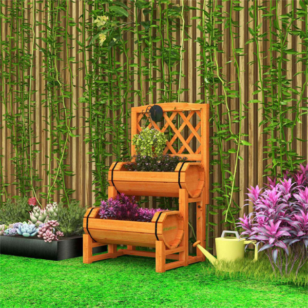 双层实心冷杉木高架花园床，带格子圆柱形种植箱，用于攀爬植物-9