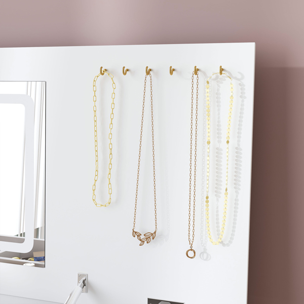 翻盖式梳妆台，带LED照明镜子和内置电源插座 - 化妆桌，配有两个抽屉、开放式储物空间和首饰挂钩（不含凳子，白色）不支持self-pick up且不支持指定仓库发货-10