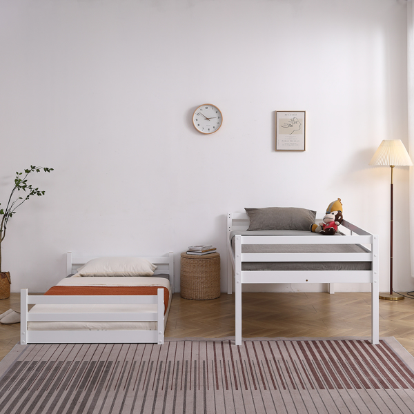 白色 油漆面 松木+胶合板 头尾横撑护栏 Twin 儿童木床 直梯 可拆分成单层床 双层床-37