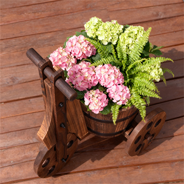 木制花园床农舍式木制植物推车，金属带加固庭院装饰花盆-4