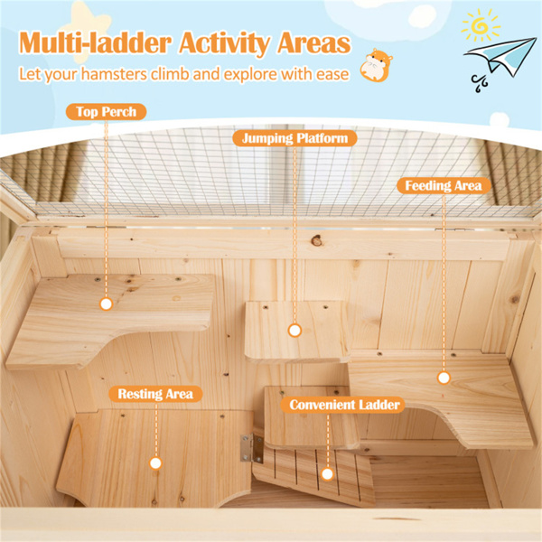 31.5英寸冷杉木仓鼠笼，带翻网屋顶、多层活动区和底部储物架-9