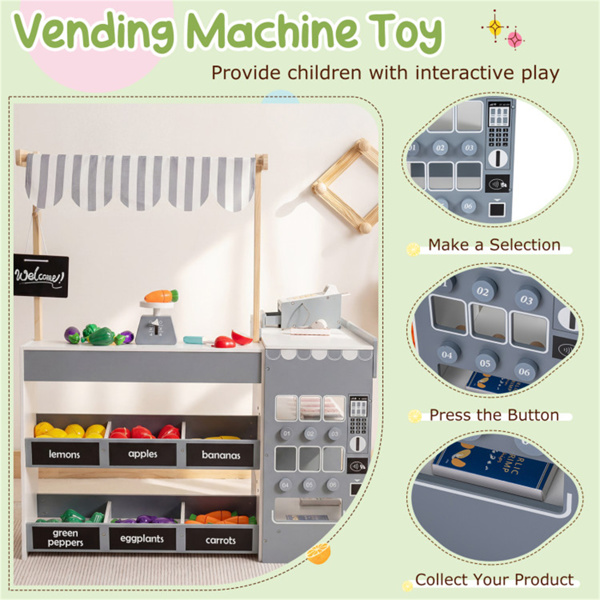 灰色木制儿童超市玩具套装，带自动售货机，90.17×78.74×104.14cm杂货店玩具，带购物车，3人+-9