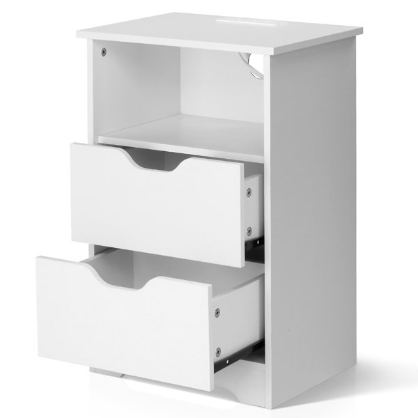 白色 P2刨花板 贴麻面三胺 无拉手 40*30*60cm 两抽带上隔层 床头柜 带欧规电源 1PC-18