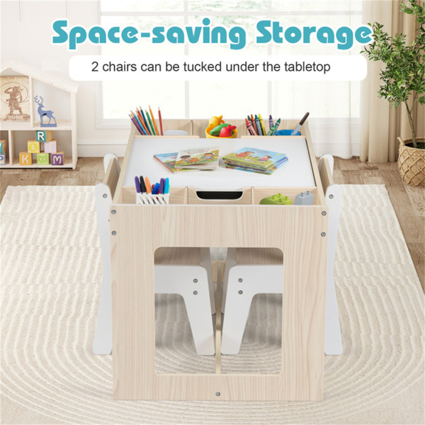 三合一儿童桌和两把椅子套装，双面黑板白板幼儿活动桌-自然色-7