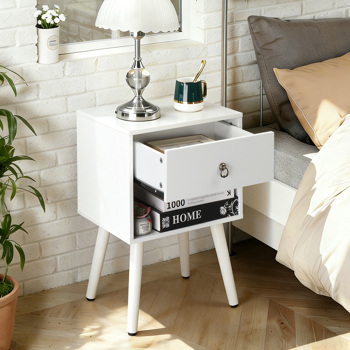 白色 P2刨花板+实木腿 贴麻面三胺 拉环拉手 38*30*55cm 一抽带下隔层 床头柜 1PC