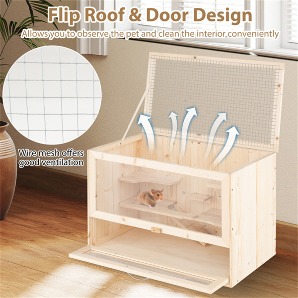 带翻转屋顶的冷杉木仓鼠笼，豚鼠和刺猬的多阶梯活动区-9