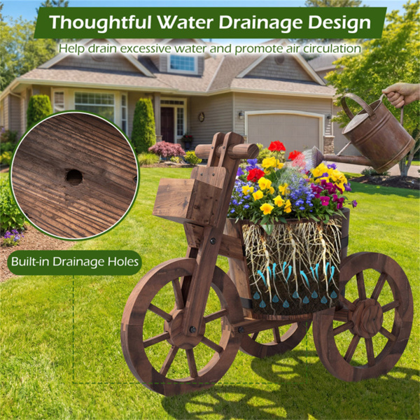 碳化杉木三轮花盆车、排水孔储物箱、老式农舍花盆-10