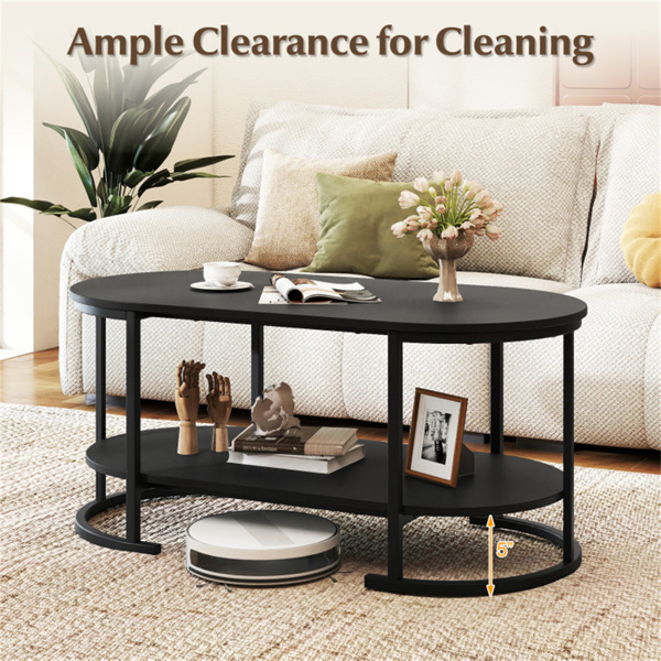 双层咖啡桌，带金属框架，100×50×45厘米机器人真空友好型梳妆台，客厅办公室可容纳88磅-黑色-9