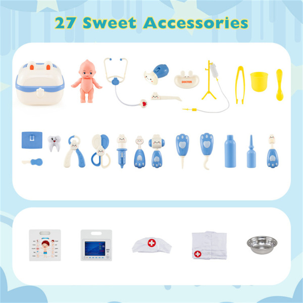 木制儿童医生医疗站游戏机，93.98×54.61×99.06cm 27件带心电图监测仪的医疗工具，适用于3-6年，蓝色+白色-4