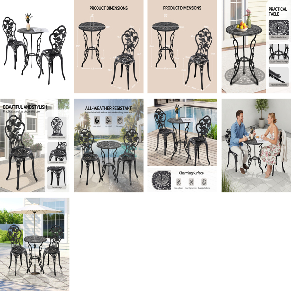 2pcs单人椅和1pc圆桌 玫瑰花型 黑色 铸件套装-10
