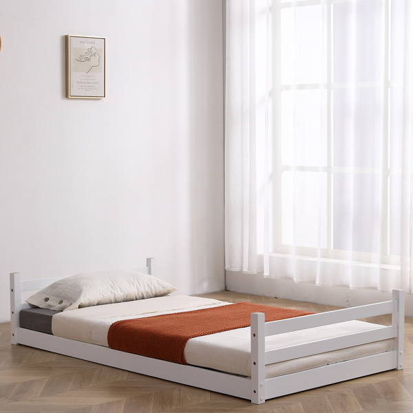 白色 油漆面 松木+胶合板 头尾横撑护栏 Twin 儿童木床 直梯 可拆分成单层床 双层床-47