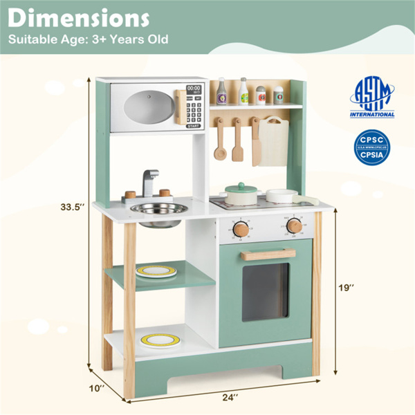 儿童木制游戏厨房，配有13个配件，3人以上带黑板的假装烹饪套装，绿色+白色-4